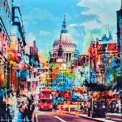 Blue Traffic by Paco Raphael - Original Glazed Mixed Media on Aluminium sized 32x32 inches. Available from Whitewall Galleries